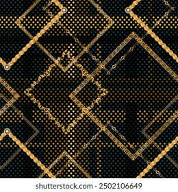 Seamless pattern decorated with precious stones, gold chains and pearls.