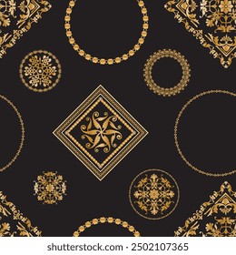 Seamless pattern decorated with precious stones, gold chains and pearls.