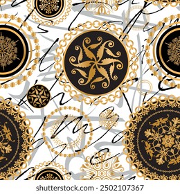 Seamless pattern decorated with precious stones, gold chains and pearls.