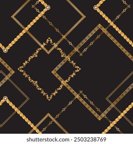 Seamless pattern decorated with precious stones, gold chains and pearls.