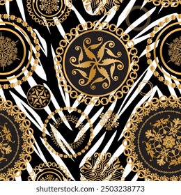 Seamless pattern decorated with precious stones, gold chains and pearls.