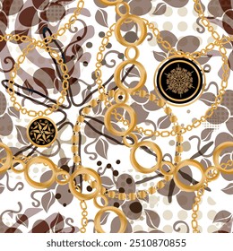 Seamless pattern decorated with precious stones, gold chains and pearls.