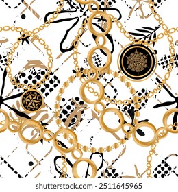 Seamless pattern decorated with precious stones, gold chains and pearls.