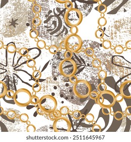 Seamless pattern decorated with precious stones, gold chains and pearls.