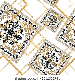 Seamless pattern decorated with precious stones, gold chains and pearls.