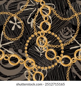 Seamless pattern decorated with precious stones, gold chains and pearls.