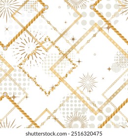 Seamless pattern decorated with precious stones, gold chains and pearls.