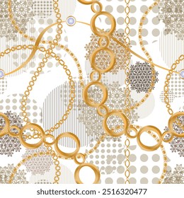 Seamless pattern decorated with precious stones, gold chains and pearls.