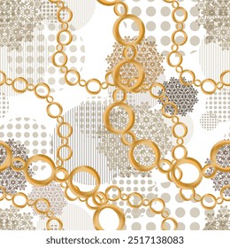 Seamless pattern decorated with precious stones, gold chains and pearls.