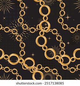 Seamless pattern decorated with precious stones, gold chains and pearls.