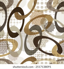 Seamless pattern decorated with precious stones, gold chains and pearls.