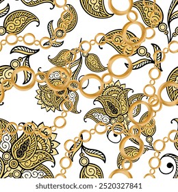 Seamless pattern decorated with precious stones, gold chains and pearls.