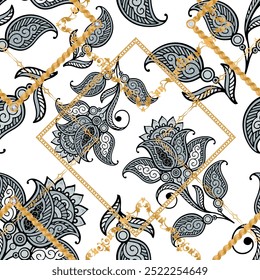 Seamless pattern decorated with precious stones, gold chains and pearls.