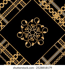 Seamless pattern decorated with precious stones, gold chains and pearls.