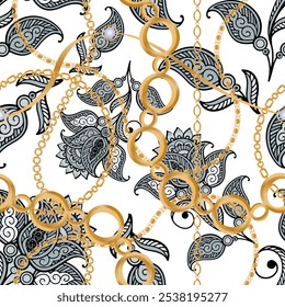 Seamless pattern decorated with precious stones, gold chains and pearls.