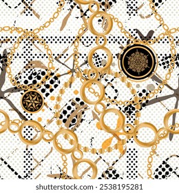 Seamless pattern decorated with precious stones, gold chains and pearls.