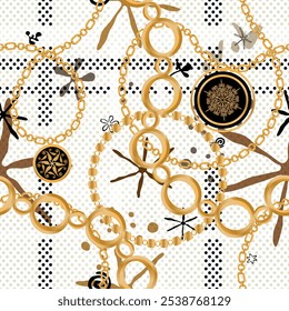 Seamless pattern decorated with precious stones, gold chains and pearls.