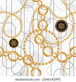 Seamless pattern decorated with precious stones, gold chains and pearls.