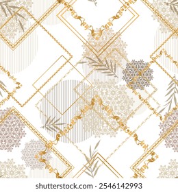 Seamless pattern decorated with precious stones, gold chains and pearls.