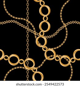 Seamless pattern decorated with precious stones, gold chains and pearls.