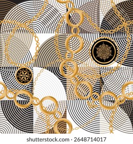 Seamless pattern decorated with precious stones, gold chains and pearls.