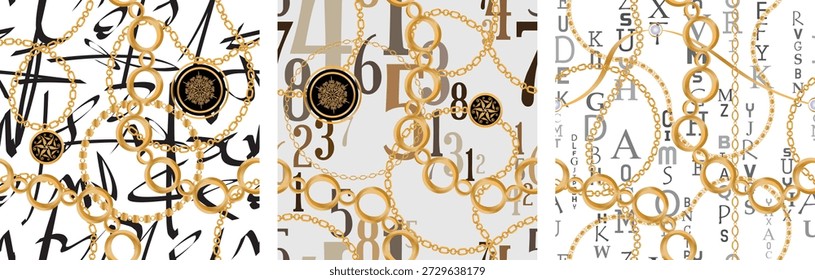 Padrão sem costura decorado com pedras preciosas, correntes de ouro e pérolas.