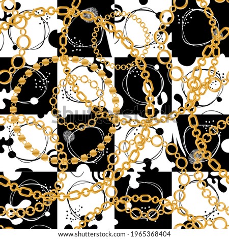 Seamless pattern decorated with precious stones, gold chains and pearls.