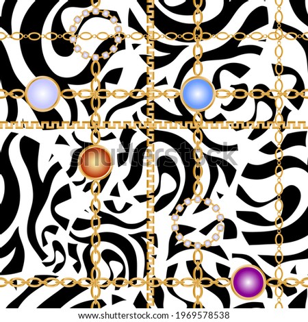 Seamless pattern decorated with precious stones, gold chains and pearls.