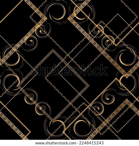 Seamless pattern decorated with precious stones, gold chains and pearls.