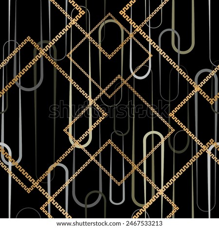 Seamless pattern decorated with precious stones, gold chains and pearls.