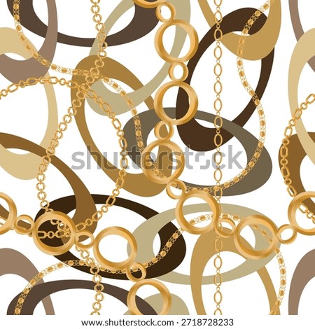 Seamless pattern decorated with precious stones, gold chains and pearls.