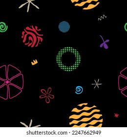 Seamless pattern decorated with shapes and colors.