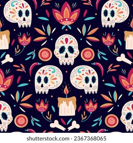 Seamless pattern with decorated skull, candles and stylized flowers. Mexican Day of the Dead. Dia de los Muertos vector background for  invitation, poster, card, postcard, banner, ticket