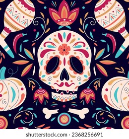 Seamless pattern with decorated skull, maracas, bones and stylized flowers. Mexican Day of the Dead. Dia de los Muertos vector background for  invitation, poster, card, postcard, banner, ticket