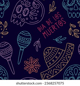 Patrón sin foco con cráneo decorado, maracas, sombrero y flores estilizadas. Día de los Muertos en México. Fondo vectorial del Día de los Muertos para invitación, cartel, tarjeta, postal, banner, entrada