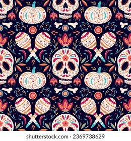 Seamless pattern with decorated skull, maracas, bones and stylized flowers. Mexican Day of the Dead. Dia de los Muertos vector background for  invitation, poster, card, postcard, banner, ticket