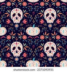 Seamless pattern with decorated skull, pumpkin and stylized flowers. Mexican Day of the Dead. Dia de los Muertos vector background for  invitation, poster, card, postcard, banner, ticket