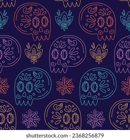 Seamless pattern with decorated skull and stylized flowers. Mexican Day of the Dead. Dia de los Muertos vector background for  invitation, poster, card, postcard, banner, ticket