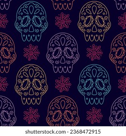 Seamless pattern with decorated skull and stylized flowers. Mexican Day of the Dead. Dia de los Muertos vector background for  invitation, poster, card, postcard, banner, ticket