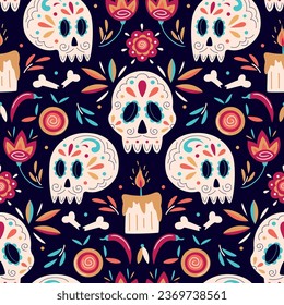 Seamless pattern with decorated skull and stylized flowers. Mexican Day of the Dead. Dia de los Muertos vector background for  invitation, poster, card, postcard, banner, ticket