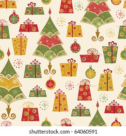 Seamless pattern with decorated trees and gifts