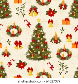 Seamless pattern with decorated trees and gifts