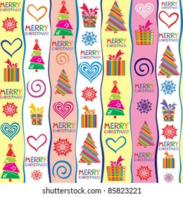 Seamless pattern with decorated trees and gifts. Vector Illustration