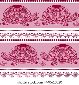 Seamless pattern with decorated turtles. Ethnic turtle. Texture with stylized patterned turtles in Indian style. Vector endless background