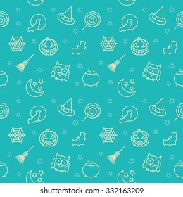 Seamless pattern decorating with witches broom,  cobwebs and other Halloween objects