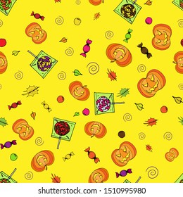Seamless pattern decorating wrapper for gift, pumpkin and sweets for Halloween