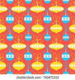 Seamless pattern with decoration balls. Christmas background. Vector illustration in cute retro flat style for New Year wrapping, seasonal backdrops, cards, textile, surface design