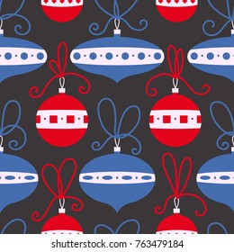 Seamless pattern with decoration balls. Christmas background. Vector illustration in cute retro flat style for New Year wrapping, seasonal backdrops, cards, textile, surface design