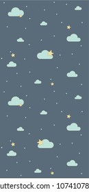 Seamless pattern for decoration of cards,gifts,interiors, children's parties.Clouds of regular shape, different size, blue color.Stars of yellow color,different size on a dark background are shown.