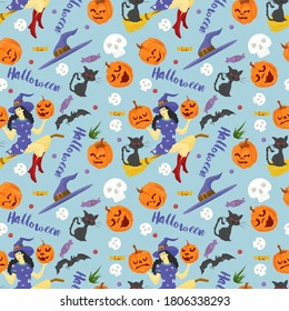 seamless pattern, for decoration design, for all saints eve Halloween, Witch flying on a broom, black cat, pumpkins and lettering, flat vector illustration